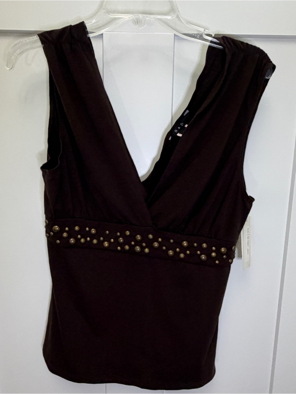 Studded Deep V Sleeveless Top - Dark Brown